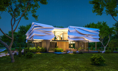 3d rendering of cute cozy modern house with bionic natural curves plastic forms with parking  and pool for sale or rent with beautiful landscape. Clear summer night with many stars on the sky