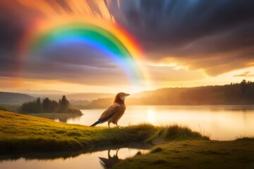 Fototapeta na wymiar A whimsical rainbow-hued griffinch, a hybrid of a griffin and a finch, soaring through the sky with joyous chirps