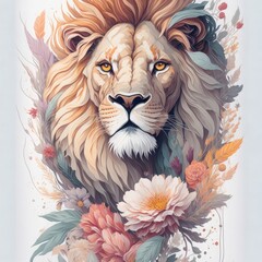 A lion with flowers and leaves, Generative AI