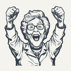 Excited emotional grandma raising fists. Vintage woodcut engraving style vector illustration.	
