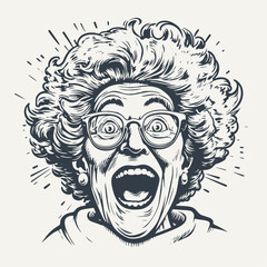 Excited emotional grandma with open mouth and electric hair. Vintage woodcut engraving style vector illustration.	
