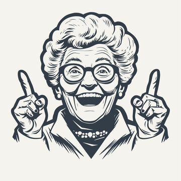 Excited emotional grandma raising fingers up. Vintage woodcut engraving style vector illustration.	
