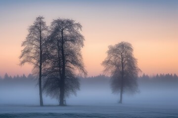 Fototapeta na wymiar misty forest with tall trees. Generative AI