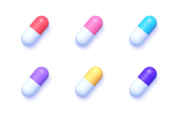 Realistic illustration with colored pills 3d set on white background. Medical capsule and drugs. Healthcare and medicine concept. Vector illustration