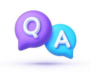 Question and answer speech bubble 3d vector illustration. Purple and blue rectangle push notification. FAQ, information, q and a letter. Vector illustration