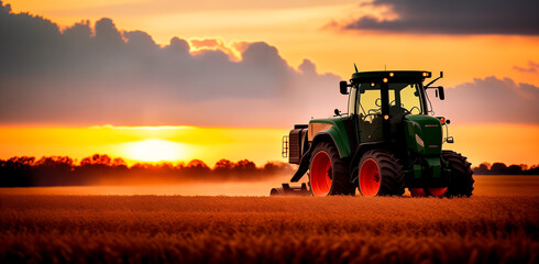 Obraz premium A combine harvester or agricultural tractor is processing or harvesting wheat in a field in the afternoon at sunset. Copy space for advertising text. Generative AI.