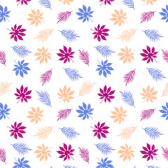 Seamless pattern with bright colorful leaves on white. Vector illustration. Wallpaper, paper, textile, decoration.