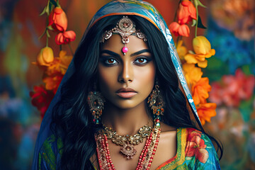 Portrait of beautiful indian girl. Young hindu woman model with golden kundan jewelry set . Traditional Indian costume. high-fashion Generative AI