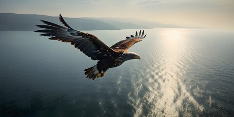 aerial view of eagle flying over the sea on sunny day, Cinematic, Photoshoot, Shot on 65mm lens, Shutter Speed 1 4000, F 1.8 White Balance, 32k, Super-Resolution, Pro Photo RGB, Half rear Lighting, Ba - obrazy, fototapety, plakaty