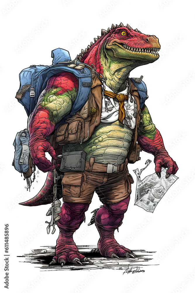 Poster a cartoon of a t-rex hero dinosaur with a cape on. generative ai.