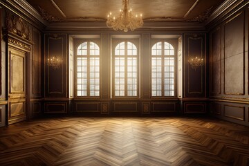 an empty room with a chandelier and two windows. Generative AI