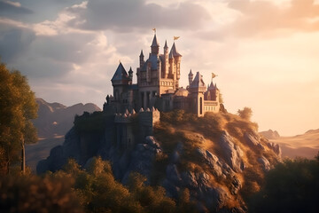 Obraz premium Old fairytale castle on the hill. Fantasy landscape illustration.