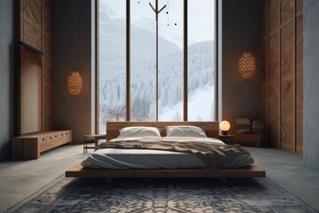 cozy bedroom with a panoramic view of snowy mountains through a large window. Generative AI