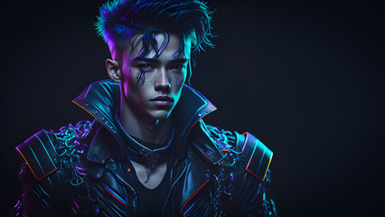 An appealing man in futuristic garb is depicted in a cyberpunk painting. Generative AI.