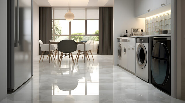 Clean Gray Marble Tile Floor In Contemporary Design Kitchen With Dining Table, Trolley, Children High Chair, White Frame, Reeded Glass Panel Folding Door Partition To Laundry Room In Background