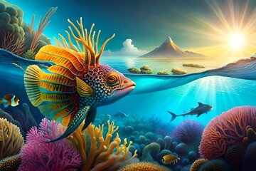 Fototapeta na wymiar mythical sea creature emerging from the depths of the ocean, with a shimmering tail, glistening scales, and a crown of coral and pearls. Show it gracefully swimming among vibrant coral reefs