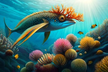 Fototapeta na wymiar mythical sea creature emerging from the depths of the ocean, with a shimmering tail, glistening scales, and a crown of coral and pearls. Show it gracefully swimming among vibrant coral reefs