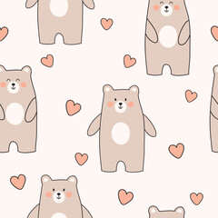 Cute bear. Seamless pattern with bears and hearts. Vector illustration. It can be used for wallpapers, wrapping, cards, patterns for clothes and other.