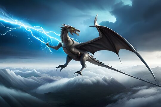 visually striking image of a majestic dragon soaring through a stormy sky, with lightning crackling around it and fierce winds billowing its scales