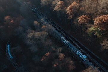 train journeying through a lush green forest seen from a birds eye view. Generative AI