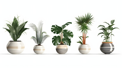 collection Set of different styles of retro vantage and modern vase and interior plants pots furniture cutouts isolated on white background