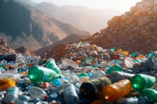 Plastic bottles garbage pile in a trash dump. Generative ai edited