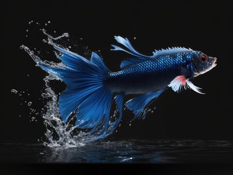 Betta fish jumping out of water splash on black background ai generative
