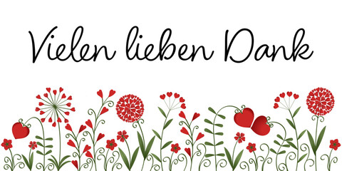 Vielen lieben Dank - Schriftzug in deutscher Sprache. Danksagungskarte mit Blumen aus roten Herzen.