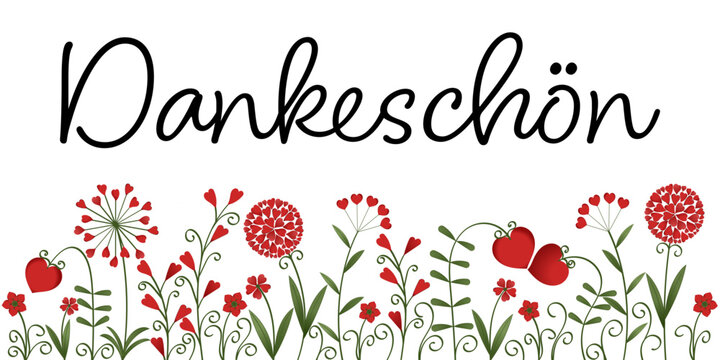 Dankeschön - Schriftzug in deutscher Sprache. Danksagungsbanner mit Blumen aus roten Herzen.