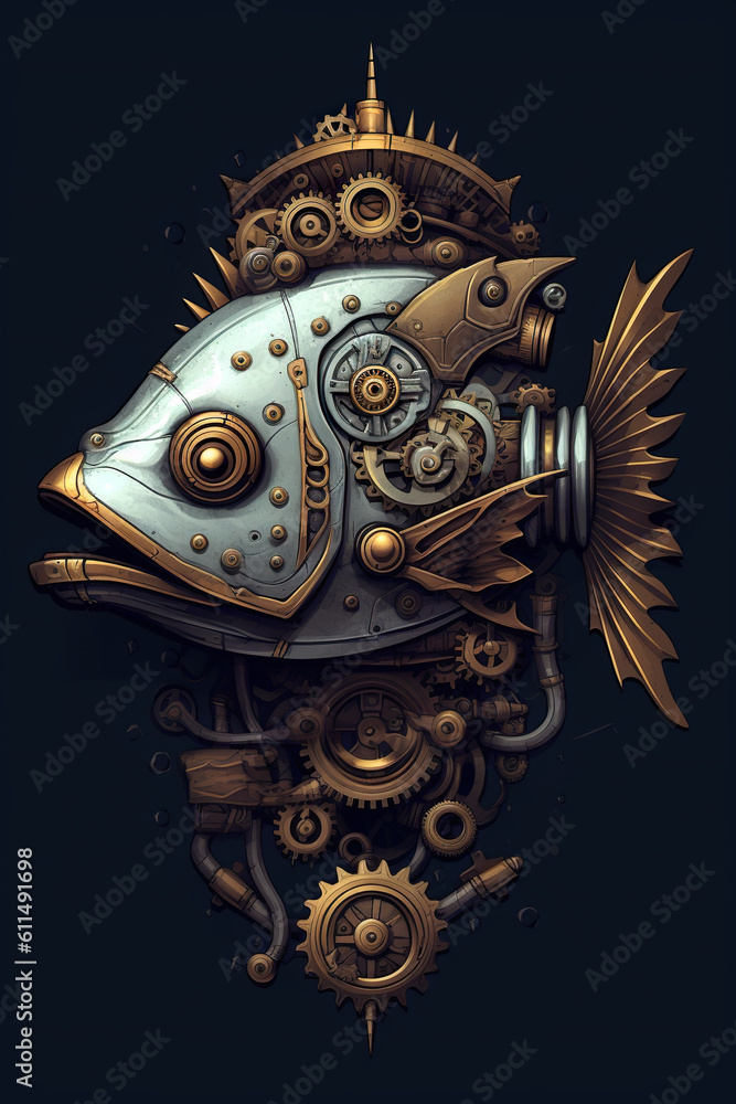 Poster a fish with gears and a clock on it's face. generative ai.