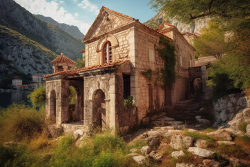 Fototapeta premium Old architecture in Tivat, Montenegro. Kotor bay, Adriatic sea. Catholic Church of Saint Roch in Donja Lastva village. Montenegro, Kotor Bay, Tivat. Generative AI