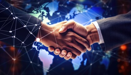  Deal. business man shaking hands with effect global network link connection and graph chart of stock market graphic diagram, digital   -Created using generative AI tools - obrazy, fototapety, plakaty