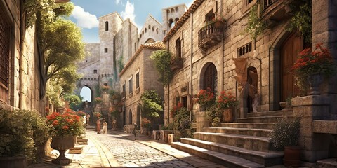 Fototapeta premium AI Generated. AI Generative. Medieval town in Spain Merengue. Old architecture adventure vacation style. Graphic Art