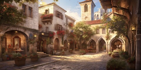 Fototapeta na wymiar AI Generated. AI Generative. Medieval town in Spain Merengue. Old architecture adventure vacation style. Graphic Art