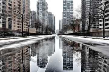 buildings reflected in a puddle of water. Generative AI