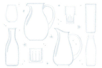 Water jar, jug. Glass texture pitcher, cup and bottle, transparent food silhouette. Vector cartoon design 