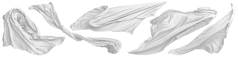 Flying white cloth with folds isolated on transparent background. 3D rendered image.