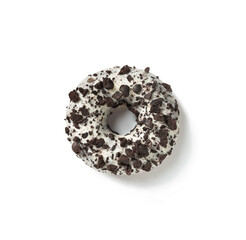 Sweet donut in white glaze with chocolate on a white background top view