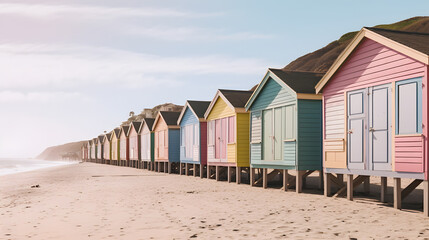 beach colors that evoke California dreaming. Coloroful house with sea in the background and palms. Generative AI