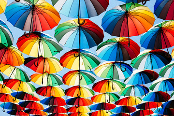 Fototapeta na wymiar A lot of umbrellas coloring the sky in the city, a beautiful multi-colored texture, in bright sunlight.