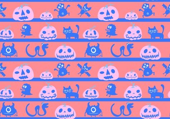 Halloween pumpkins seamless ghost and bones and cat pattern for wrapping paper and linens and fabrics