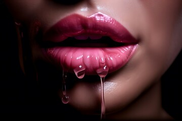 closeup of perfect woman lips pink dripping makeup, studio photo, Cinematic, Photoshoot, Shot on...