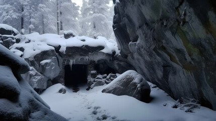 A cave filled with lots of snow covered rocks. Generative AI