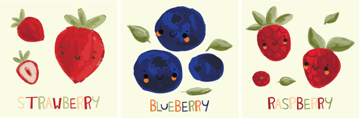 Cute vector illustration with mix berries. Happy smiling berries. Food Raspberry, Blueberry,Strawberry for card,print, kids alphabet .