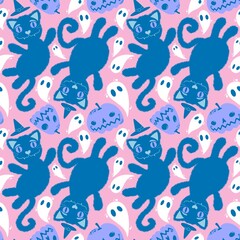 Halloween cartoon black cats seamless animals fluffy monsters pattern for wrapping paper and fabrics and linens