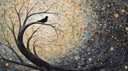 Black crow, bird on a lacy branch. Generative AI.