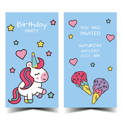 Ready to print. Vector Illustration. Front and back Unicorn Birthday Invitation in blue. Ready to print. Vector Illustration