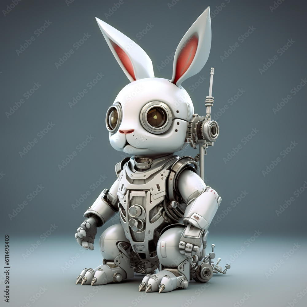 Poster a robot bunny with a gun in its hand. generative ai.