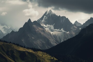 Plakat Scenic views of towering peaks. Generative AI