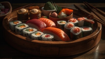 Obraz na płótnie Canvas Japanese Sushi Rolls, Sushi, Delicious Juicy Sushi Isolated on Dark Background, Ai Generated Art.
